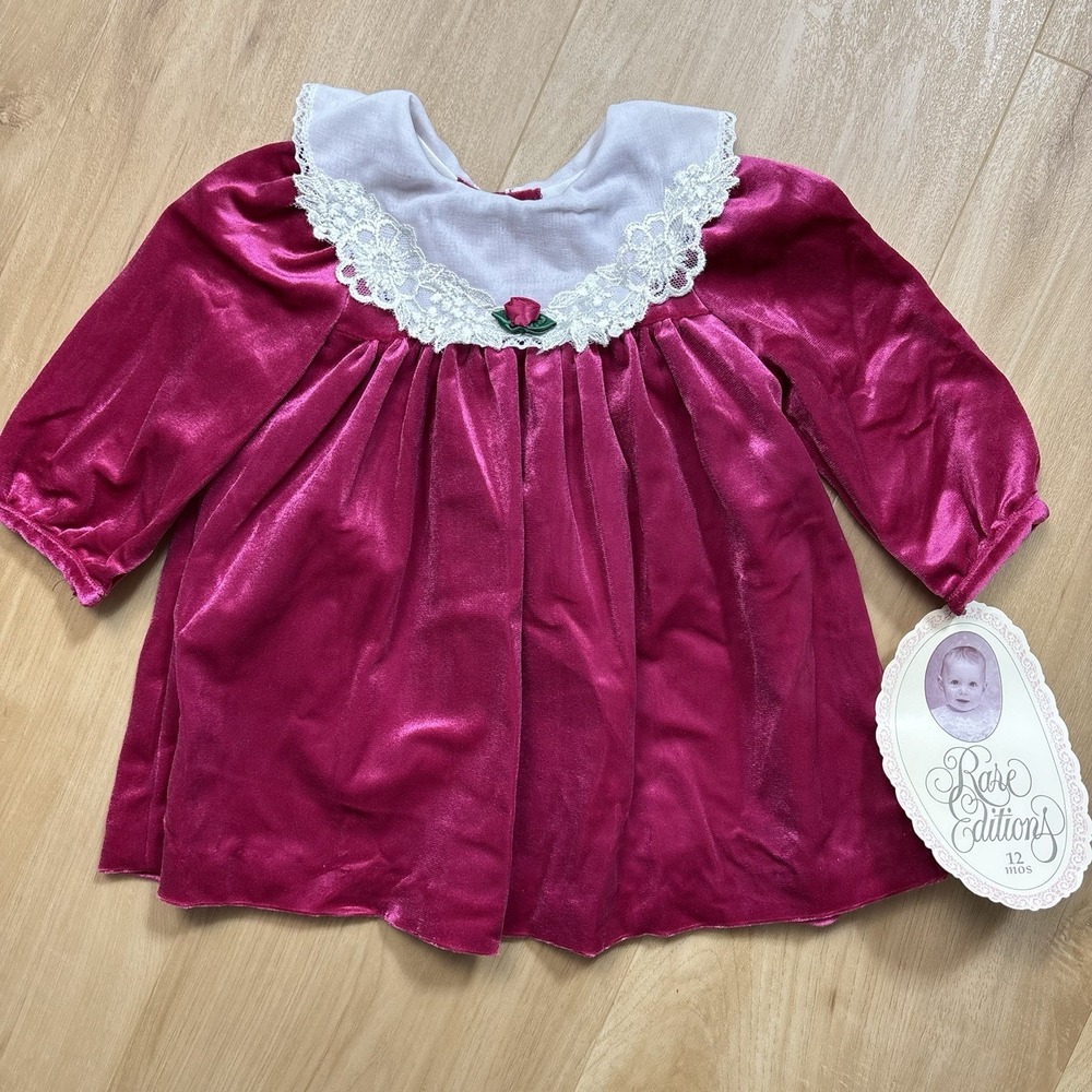 NEW Rare Editions Pink Velvet Dress 12 Mos Smocked Lace Collar Long Sleeve